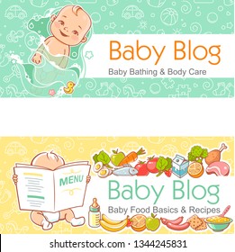 llustration for baby blog. Cute little baby in bath. Baby with food. Kid bathing and nutrition. Childs meal. Banner for web. Vector illustration with seamless background. Design template.