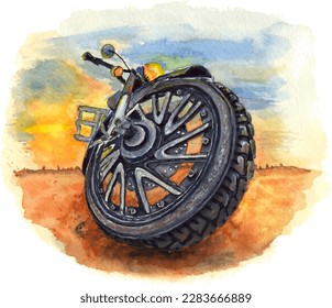 llustration of a bike against the background of the rising sun. Wide tire tread highlights the illustration