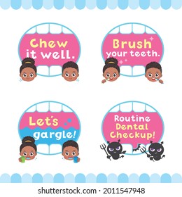 ilustración de un niño negro y un cuadro dental. Como es arte vectorial, se puede editar fácilmente.