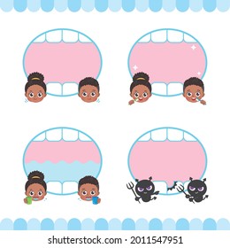 llustration of a black child and a tooth frame. Since it is vector art, it can be easily edited.