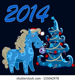 llustration of blue horse - character of happy new year 2014