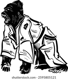 llustration of Brazilian Jiu-Jitsu (BJJ) featuring a monkey, gorilla, and human wearing traditional gis in dynamic combat stances, representing agility, strength, and strategy. Bold sketch style with 