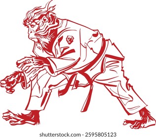 llustration of Brazilian Jiu-Jitsu (BJJ) featuring a monkey, gorilla, and human wearing traditional gis in dynamic combat stances, representing agility, strength, and strategy. Bold sketch style with 