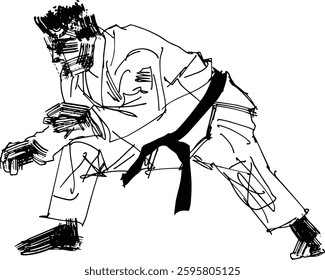 llustration of Brazilian Jiu-Jitsu (BJJ) featuring a monkey, gorilla, and human wearing traditional gis in dynamic combat stances, representing agility, strength, and strategy. Bold sketch style with 