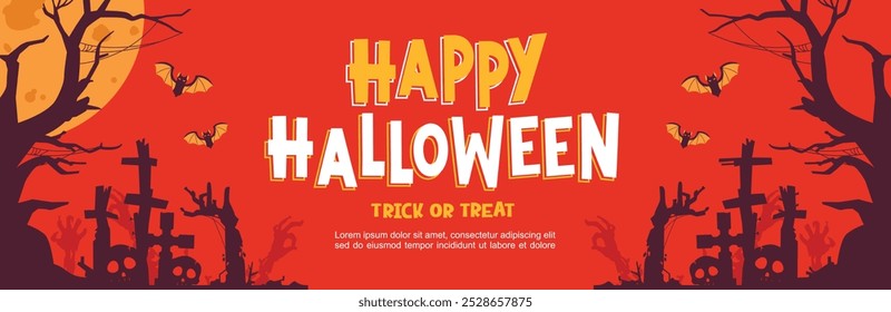 llustration of a bright red Halloween atmosphere in a cemetery with zombies trying to rise from under the gravestones.