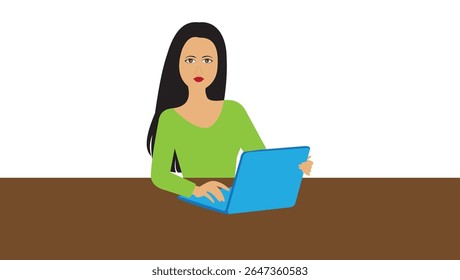 ilustração de uma empresária trabalhando em um notebook, representando o trabalho remoto, a comunicação on-line, a produtividade digital e o estilo de vida empresarial moderno. Adequado para trabalho, freelance e corporativos