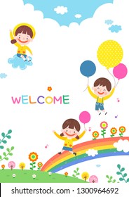 llustration of cartoon kindergarten. Cute frame with kids, child and frame