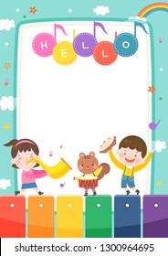 llustration of cartoon kindergarten. Cute frame with kids, child and frame