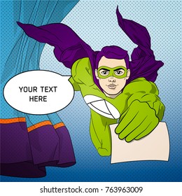 llustration of a cartoon superhero. Vector comic art illustration. Professional Illustration and Comics. Story Art. Superhero flies to the rescue