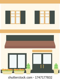 llustration of a cityscape with fashionable stores（ dark blue border ）