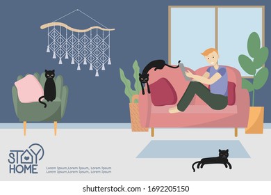 llustration of the concept of the coronavirus COVID-19. A young guy works with a notebook at home with three cats. The company allows employees to work from home to avoid viruses. Vector illustration