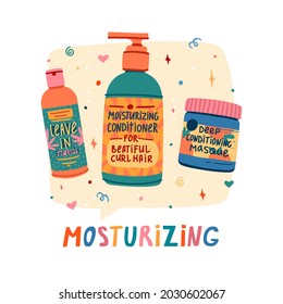 llustration of cosmetics for curly hair. Concept Curly girl method. Bottle conditioner, leave-in, masque for mosturizing hair. Concept design to hair care. Vector.