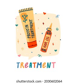 llustration of cosmetics for curly hair. Curly girl method. Bottle cream, hair oil for treatment hair. Concept design to hair care. Vector.