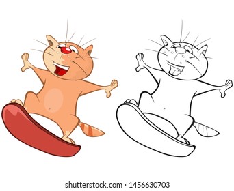 llustration of a Cute Cartoon Character Cat  Surfer for you Design and Computer Game. Coloring Book Outline Set 