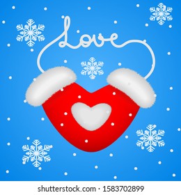 llustration of cute Santa Claus mittens, text Love folded from mittens rope, on a blue background with snowflakes
