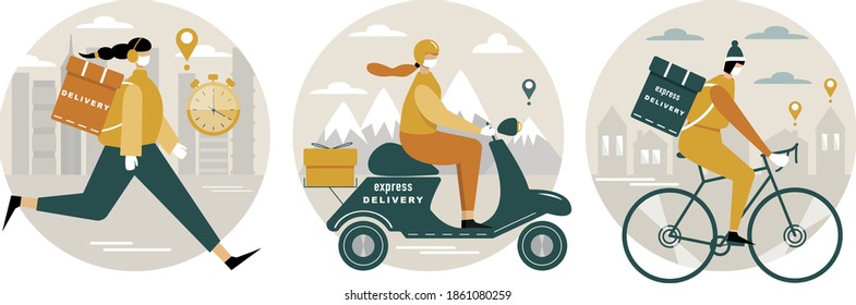 llustration of delivery people in medical facial masks and gloves delivering parcels. Girl Courier.