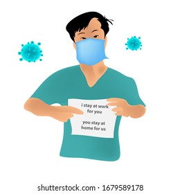llustration doctor say to stay at home because Common Viruses, corona , mers. Wuhan virus disease with mask . Corona Virus Cell Vector Illustration. Good for template background, banner, poster, etc.