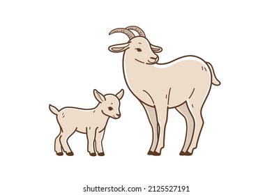 llustration of domestic mother goat with baby. Simple contour vector illustration for emblem and print.