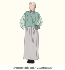 llustration of dress for muslimah (Muslim woman) with combination of Sage tone colour