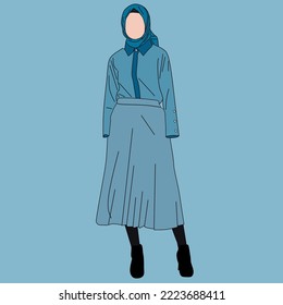 llustration of dress for muslimah (Muslim woman) with combination of Blue Bright tone colour