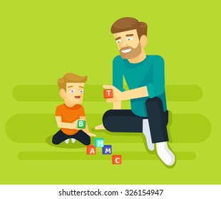 llustration of father and his young son playing. Vector flat illustration