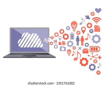 llustration of flat design personal computer and image of cloud server and the Internet