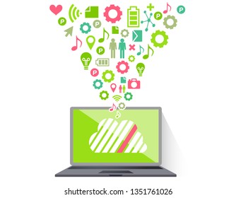 llustration of flat design personal computer and image of cloud server and the Internet