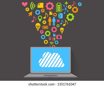 llustration of flat design personal computer and image of cloud server and the Internet