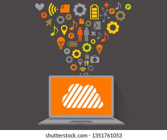 llustration of flat design personal computer and image of cloud server and the Internet