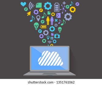 llustration of flat design personal computer and image of cloud server and the Internet