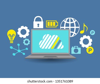 llustration of flat design personal computer and image of cloud server and the Internet