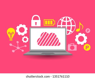 llustration of flat design personal computer and image of cloud server and the Internet