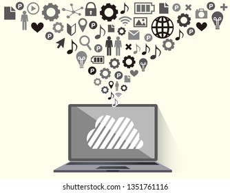 llustration of flat design personal computer and image of cloud server and the Internet