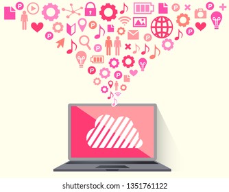 llustration of flat design personal computer and image of cloud server and the Internet