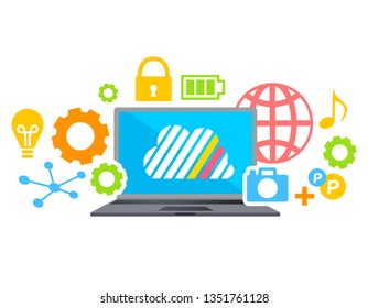 llustration of flat design personal computer and image of cloud server and the Internet