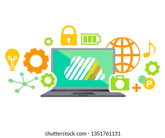 llustration of flat design personal computer and image of cloud server and the Internet