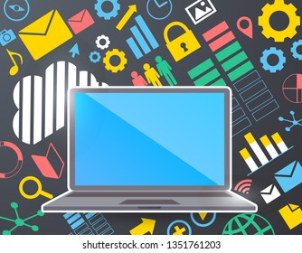 llustration of flat design personal computer and image of cloud server and the Internet