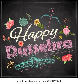 llustration of Floral greeting for Happy Dussehra Navratri festival of India on chalkboard