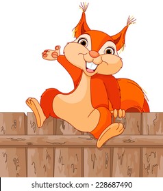 llustration of funny squirrel jumps over a fence