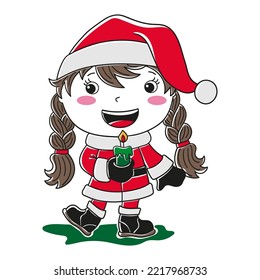 llustration of a girl with braids dressed as Santa claus and a candle in her hand
