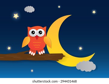 llustration of a great horned owl on a branch silhouetting the moon. Eps 10 Vector.