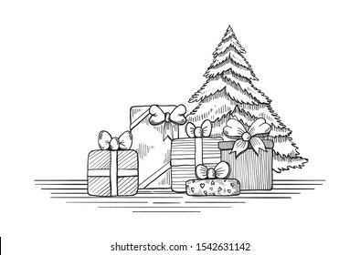 llustration hand drawn Christmas gift box set with christmas tree outline,chirsmas concept vector eps10
