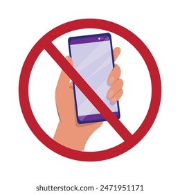 llustration of a hand holding a smartphone with a red prohibition sign over it, indicating no phone use