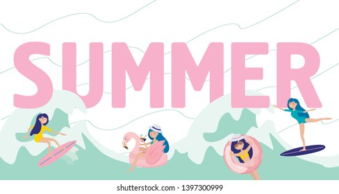 llustration with huge Summer lettering with girls surfing, swimming and spending time on the beach. Editable vector illustration