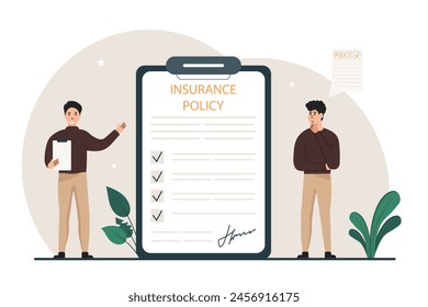 llustration of insurance. A male insurance agent offers to sign his insurance contract. Insurance concept. Vector illustration.