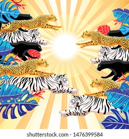 llustration jungle pattern of panthers, leopards and tigers on a background with the sun. An example for a poster or web page.