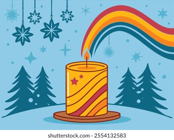 llustration of a large candle with a golden, orange, and red gradient, sitting on a wooden base. Snow-covered pine trees, Christmas motifs, with falling snowflakes surround the scene.