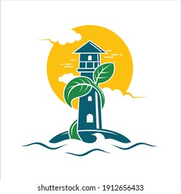 ilustración de faro en la playa, icono para su empresa o restaurante de marisco.