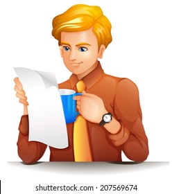 llustration of a man reading while holding a blue mug on a white background