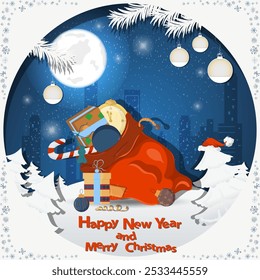 llustration of the New Year and Christmas, A large bag of gifts among the fir trees in the snow in a clearing